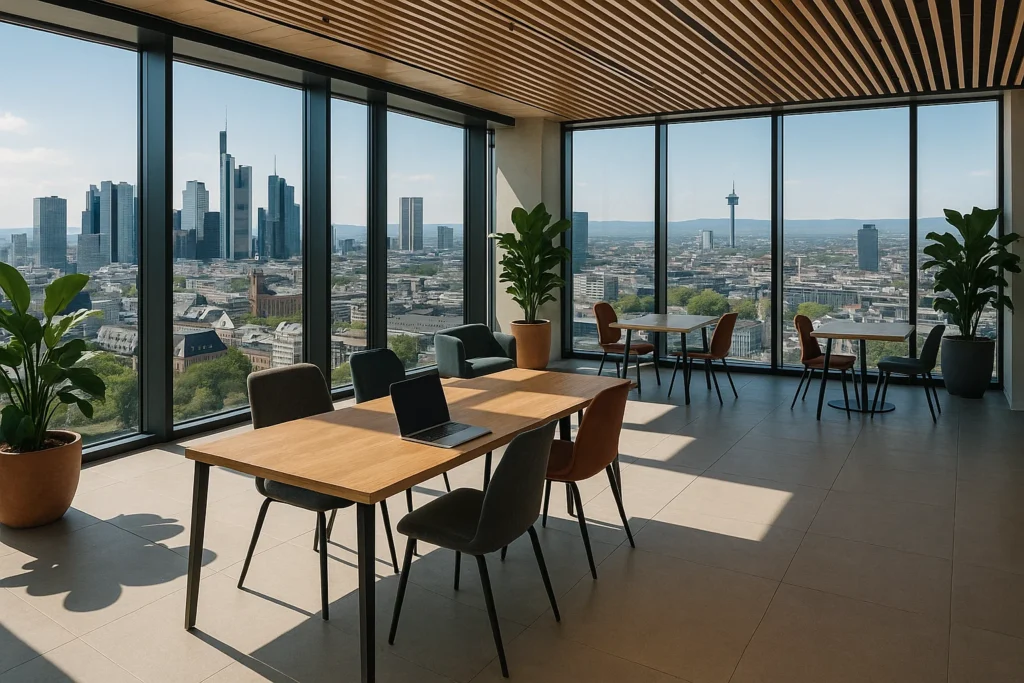 Moderner Coworking Space in Frankfurt mit Blick auf die Skyline und lichtdurchflutetem Arbeitsbereich für hybrides Arbeiten